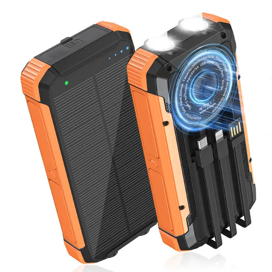 20000mAh Blue Black Solar Power Bank with 4 Foldable Solar Panels, Wireless Charging PD 15W Fast Charger, 3 Built-in Cables 6 Ports Portable Solar Charger with Dual Flashlights & Carabiner