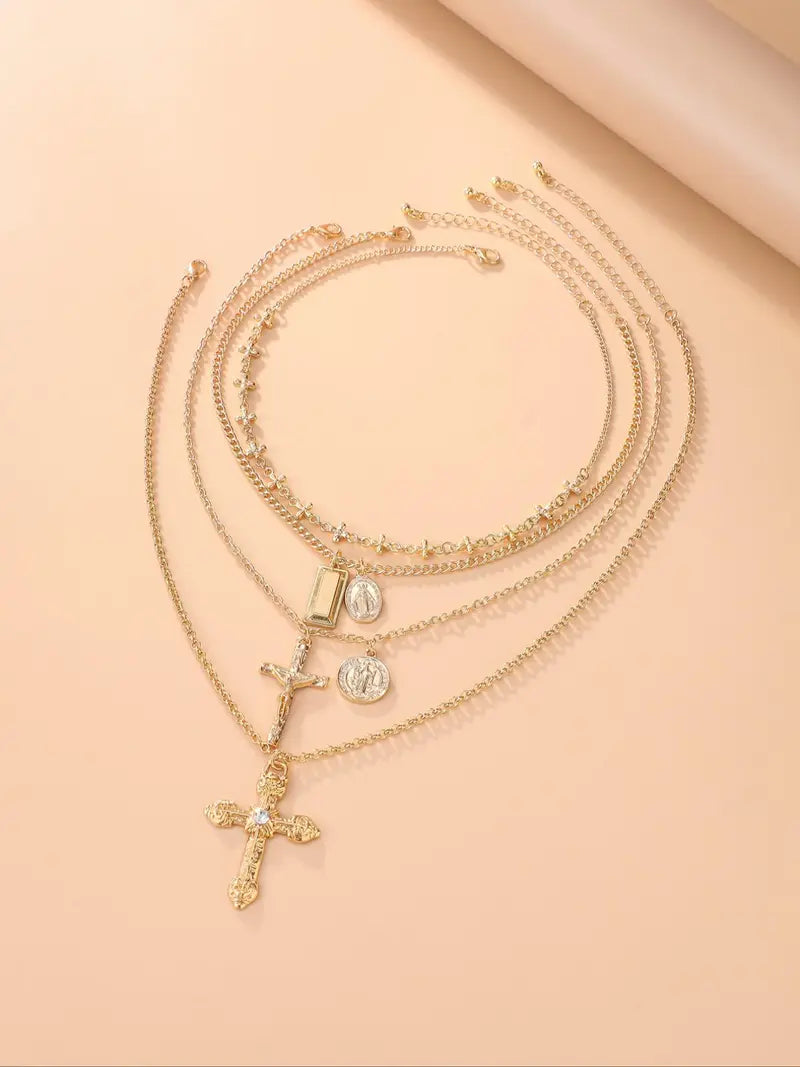 4-Piece Vintage Metal Geometric Circle Pendant Layered Necklace Set, Women's Punk Style Jesus Cross Pendant Jewelry, Unique Fashion Accessories, Jewelry Accessory, Fashion Jewelry Party
