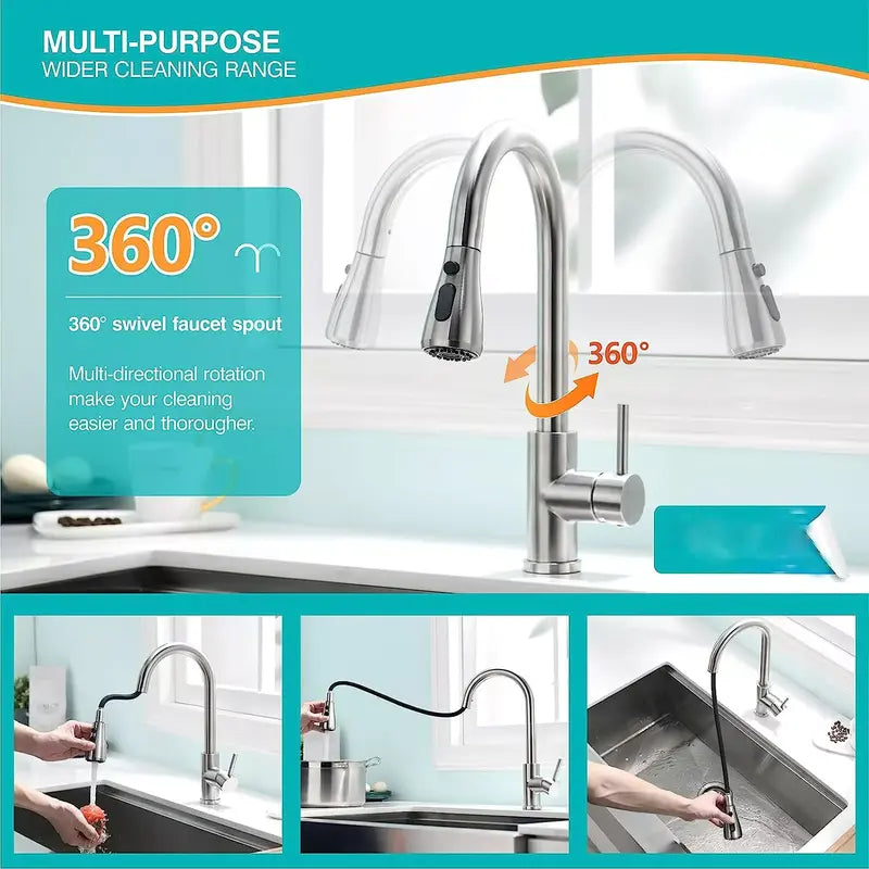 Brushed Nickel Kitchen Faucet with Pull Down Sprayer, High Arc Single Hole Kitchen Sink Faucet with Sprayer, Commercial Modern Pull Out Stainless Steel Kitchen Faucet