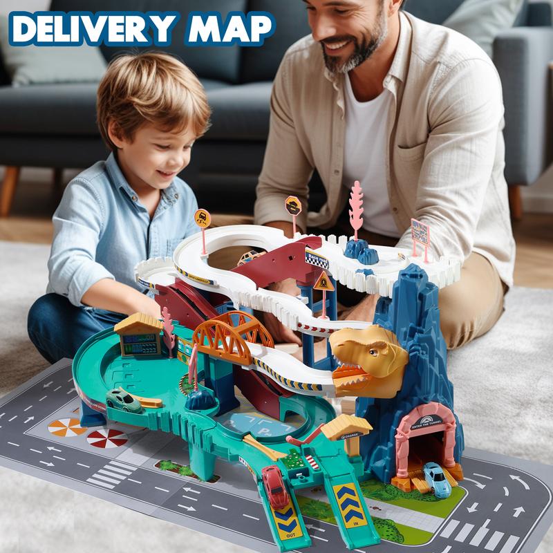 King Size Dinosaur Race Track Playset Toys for Kids With 12Mini Car Ramp Track Adventure Car Garage Parking Toy