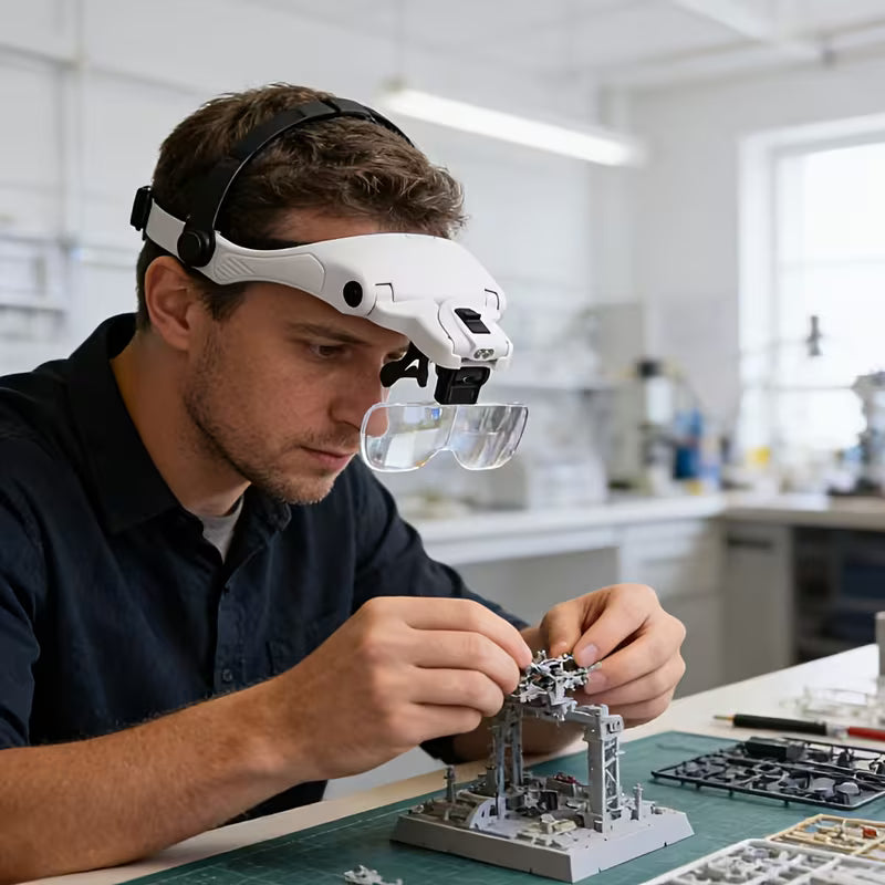Head-mounted LED Illuminated Magnifier – Adjustable Headband with 5 Interchangeable Lenses, Perfect for Model Making, Reading, Repair, Jewelry & Electronic Maintenance