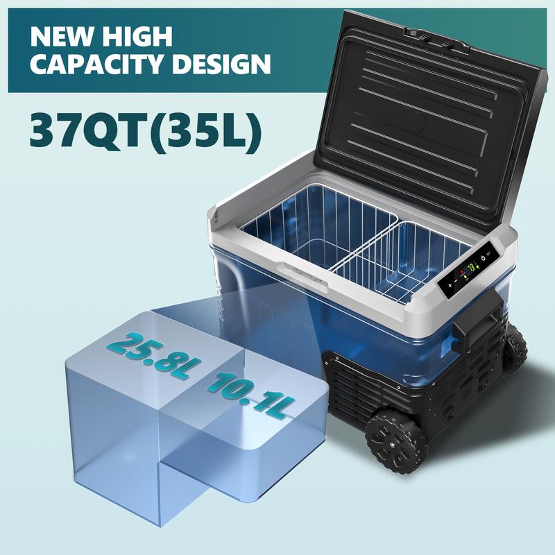 12V Refrigerator (37Quart /35L) supports 12V/24V DC & 110-240V AC. Portable with -4°F~68°F range, it features wheels, 2 baskets, and large cooling zone. Ideal for RVs, travel, Truck, Boat