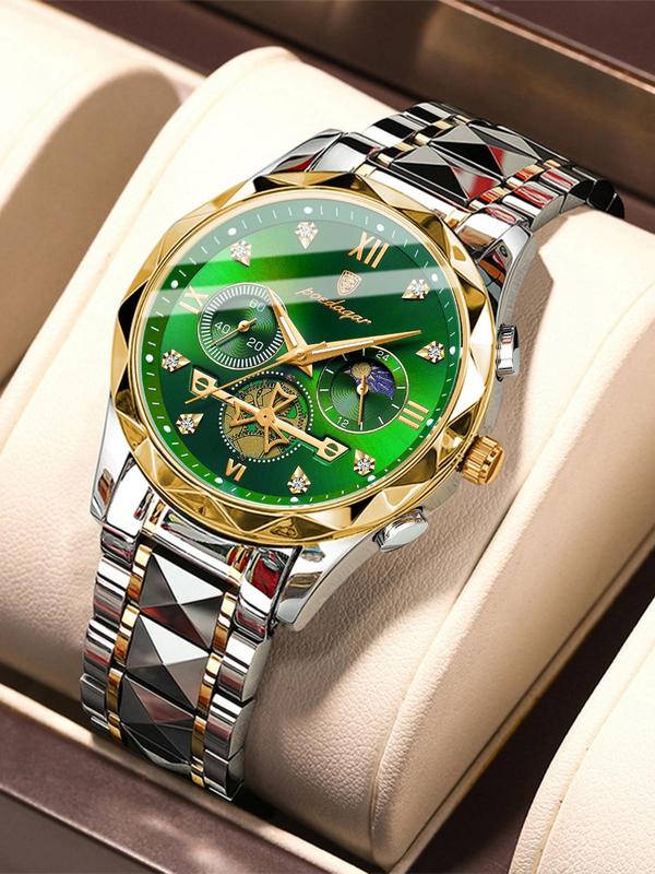Men's Business Fashion Round Dial Stainless Steel Strap Quartz Watch, Waterproof Luminous Chronograph Watch with Box, Wristwatch for Party, Daily Decor, Trendy Watch
