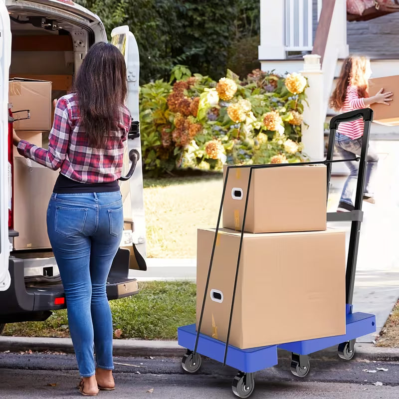 Folding Hand Trolley, 500 LB Heavy‑Duty Luggage Cart, Multi‑Purpose Flatbed Dolly with 6 Wheels & 2 Elastic Tie‑Down Straps, Detachable Silent Portable Trailer for Travel, Hauling, Shopping & Office Use, Wholesale Available