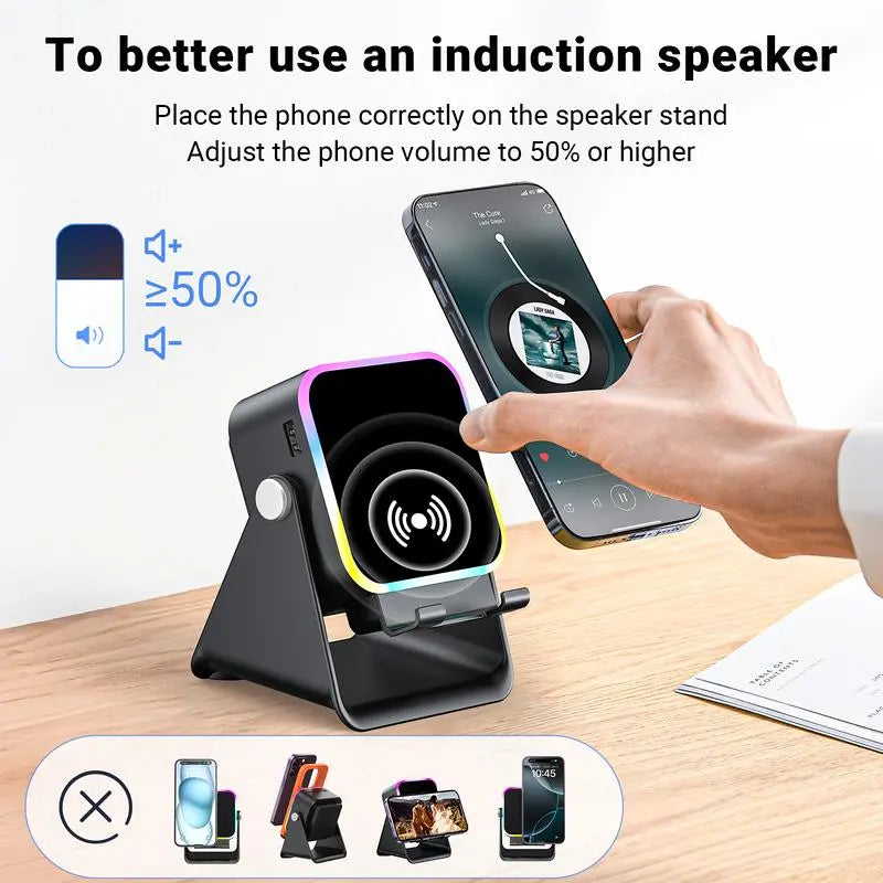 Wireless Induction Audio Speaker Stand, 5in1 Cellphone Holder, 1500mAh Rechargeable Emergency Power Bank,360° Adjustable Mobile Tablet Stand with Colorful Ambient Light Gifts for Men Women,Play continuously for 5 hours  BlackFriday
