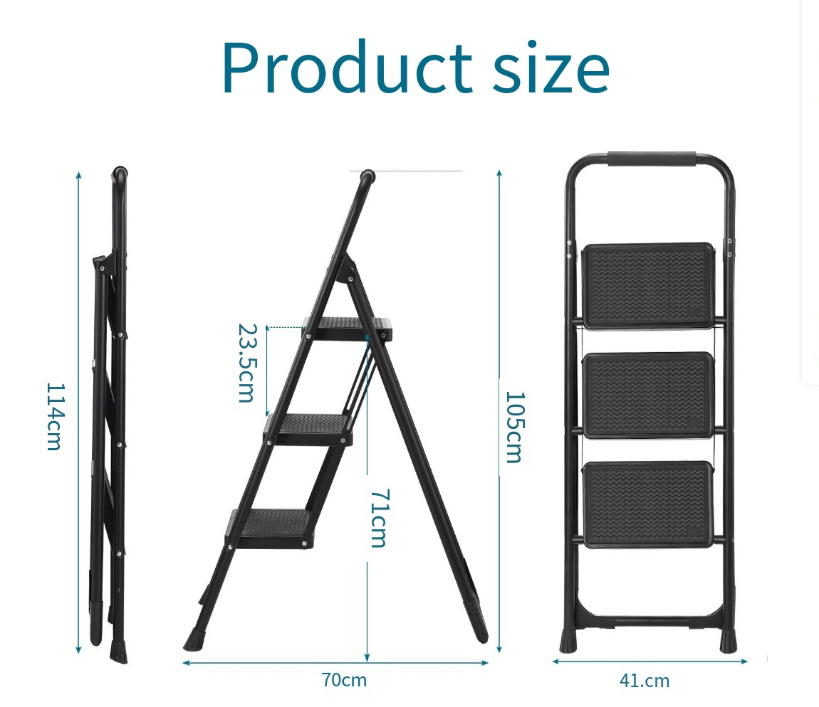 Step Ladder, Foldable Stool with Wide Pedal, Cushioned Handle, 800lbs Capacity for Home Kitchen and Outdoor, Black