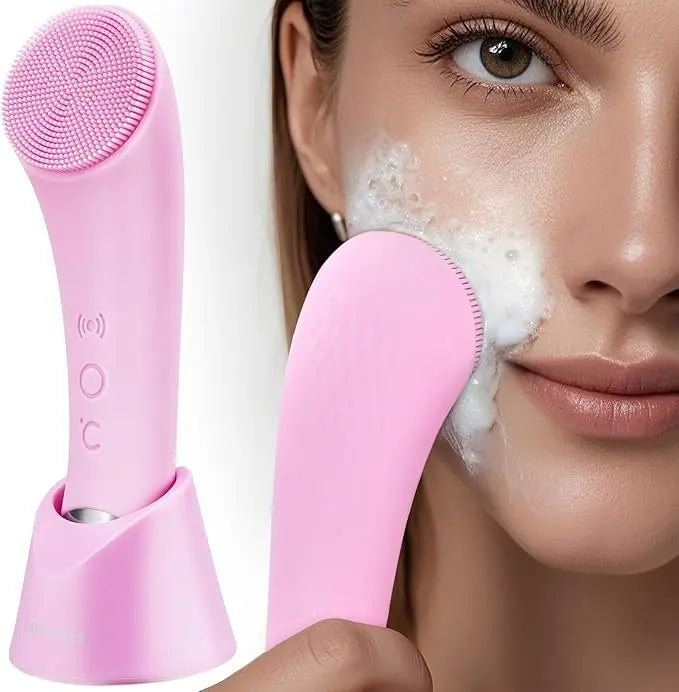 Facial Cleansing Brush, PRITECH Heatable Vibrating Face Scrubber with Massage, Silicone Face Scrubber for Women & Men, Electric Facial Cleanser for Deep Cleansing, Gentle Exfoliating (Pink)