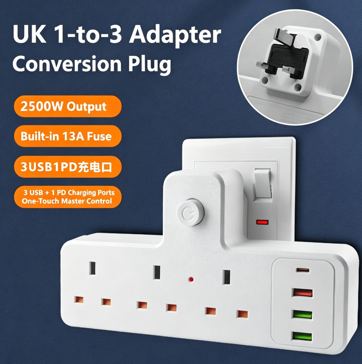 【New 26】UK 3-Way Multi Plug Adaptor, 13A Fused Wall Socket Extender with USB & PD Type-C Ports, Individual Switch, No Cable