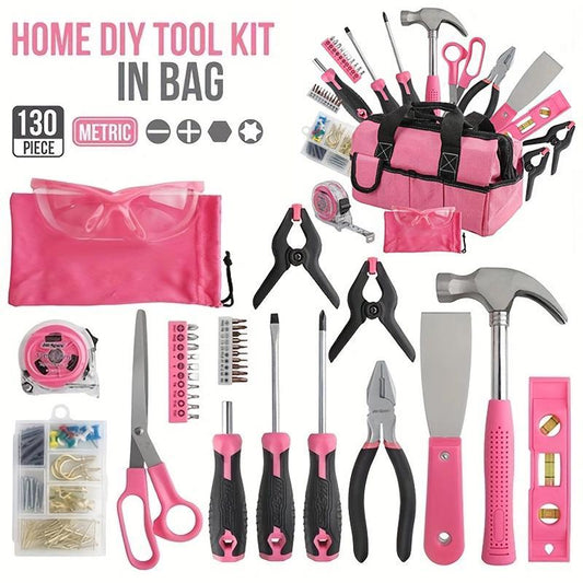 130-Pieces Pink Tool Kit Set & Child Size Tool Bag. Daily Home Repair Kit,Hammer Screwdriver Set for DIY Building, Woodwork & Construction for Women Kids