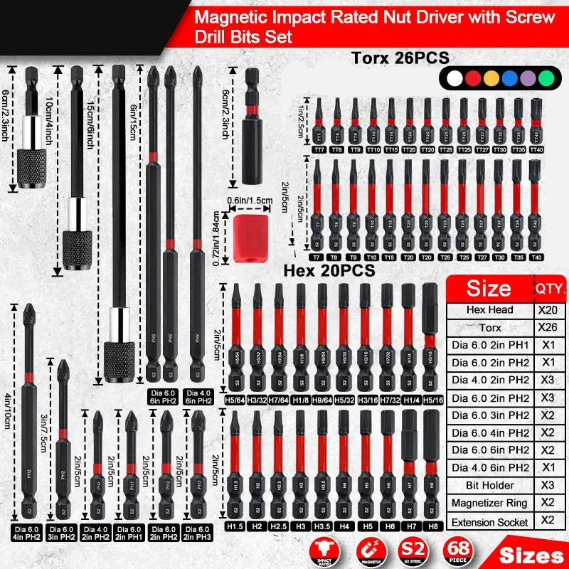 K7 Magnetic Anti-Slip Impact Screwdriver Bit Set, Replaceable Screwdriver Bits with CNC Machined S2 Steel PH2 Heads, Powerful Grip Magnetic Holder for Drills, High Hardness Cross Blade, Tool Accessories
