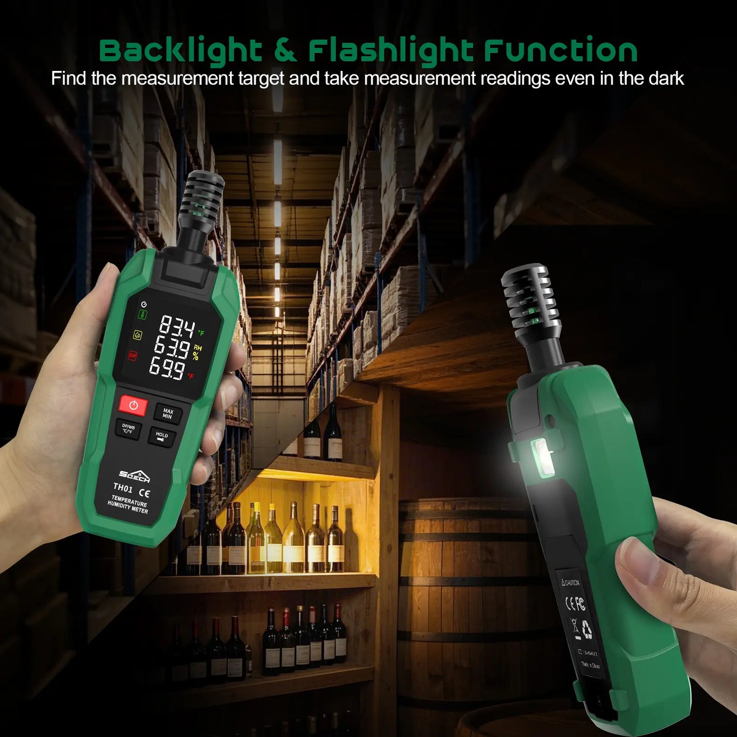 High Precision Digital Hygrometer & Thermometer – Measures Ambient, Relative Humidity, Dew Point, Wet Bulb, Color Backlight & Flashlight, Max/Min & Data Hold – Ideal for Industrial & Home Use