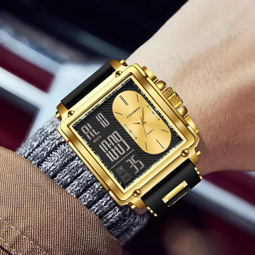 Men's Square Quartz Watch – Digital-Analog, Waterproof, Trendy All-Match Design, Perfect for Parties & Daily Wear