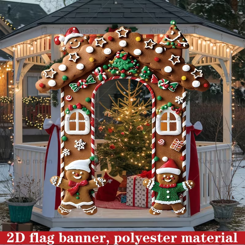 2D Flat Gingerbread House Banner – 70.8"x78.7" for Christmas Party & Holiday Decor