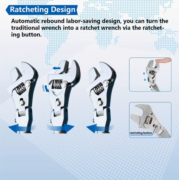 5-in-1 Ratcheting Adjustable Crescent Wrench – 180° Folding, Rotating Head, 10–12 Inch Range