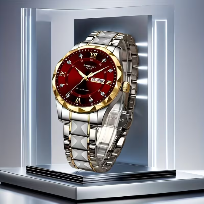 Unisex Stainless Steel Quartz Watch – Rhinestone & Roman Numeral Dial, Day/Date & Dual Display, Luminous, Waterproof, Trendy Fashion Watch