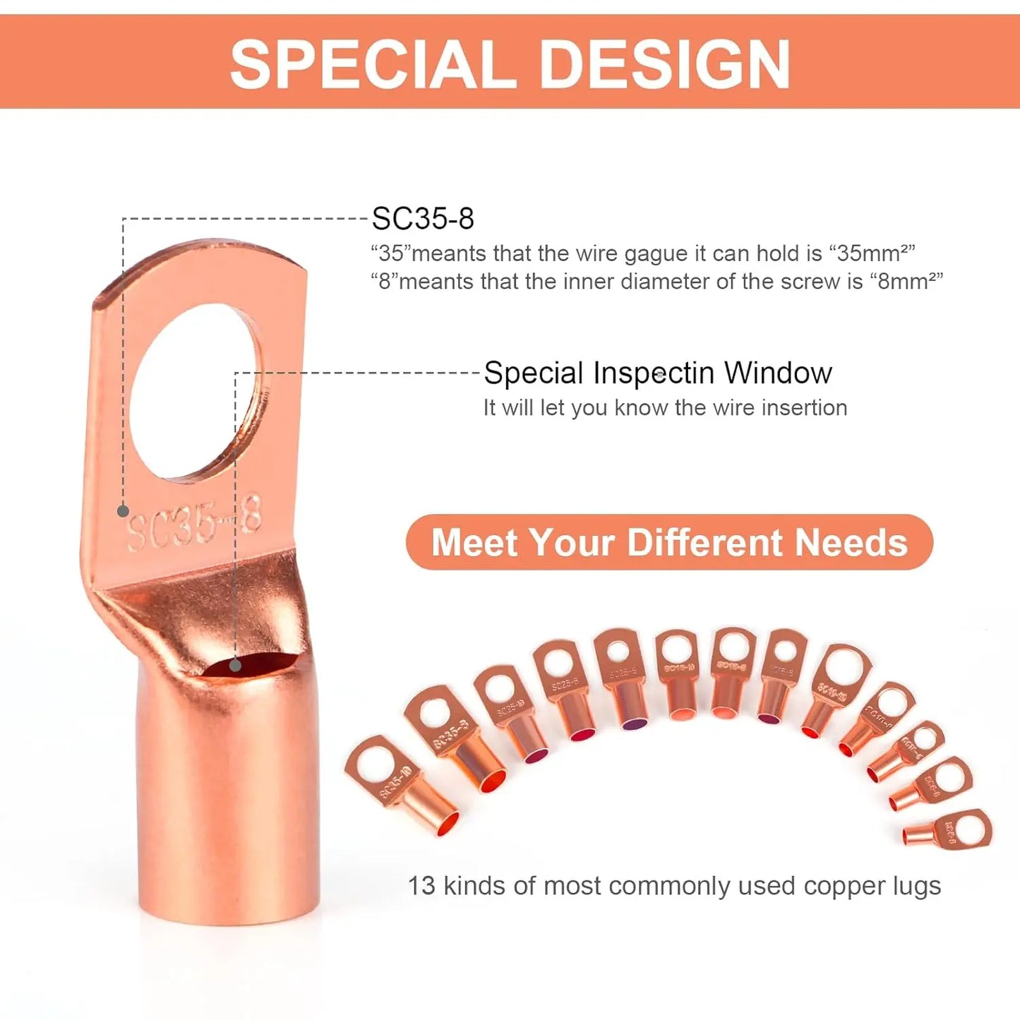 260-Piece Terminal Connector Kit – Copper Wire Lugs, Heat Shrink Tubing & Ring Terminals for AWG 12–2 Cable, Includes 120 Battery Lugs & 140 Heat Shrink Tubes