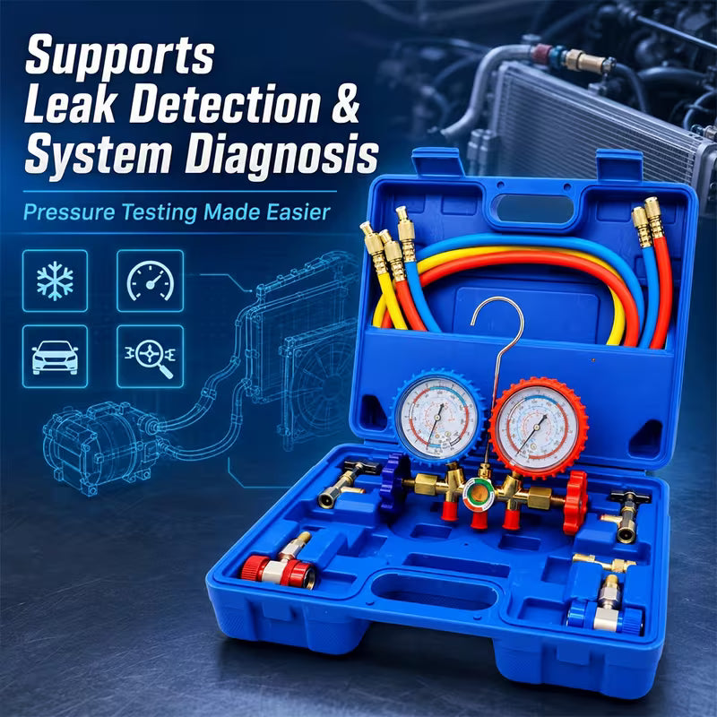 Air Conditioning Manifold Gauge Set – R134a/R12/R22/R404A, 3-Channel with Anti-Vibration Design