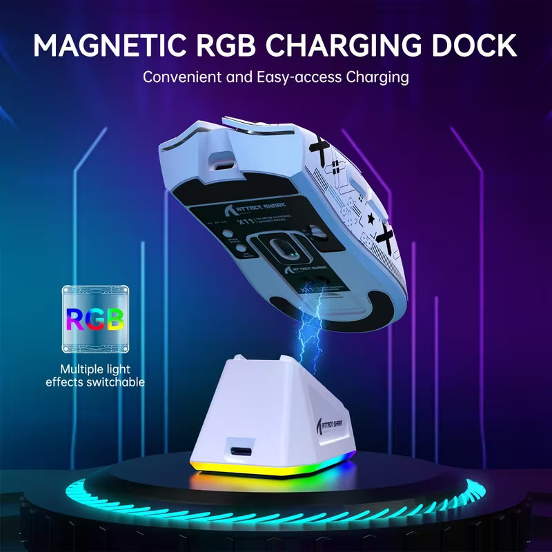 ATTACK SHARK X11 Wireless Gaming Mouse – Tri-Mode, RGB Charging Dock, PAW3311 Sensor, 5 Programmable Buttons