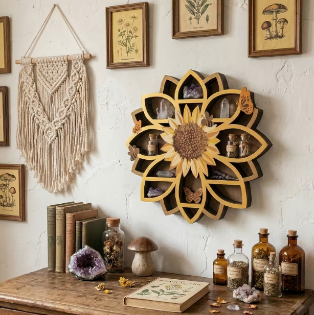 Wooden Sunflower Floating Shelves – Wall-Mounted Organizer with UV-Printed Spiritual Decor, Gemstones, Essential Oils & Meditation Art, Multi-Functional Storage for Living Room & Meditation Space