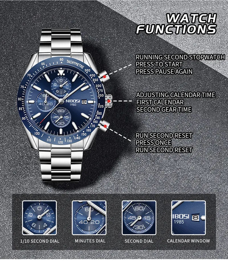 NIBOSI Men's Chronograph Quartz Watch – Sporty, Long-Lasting, Precision, Self-Luminous, Water-Resistant, Luminous Date Display, Stylish Casual Timepiece, Classic Elegant Gift for Men