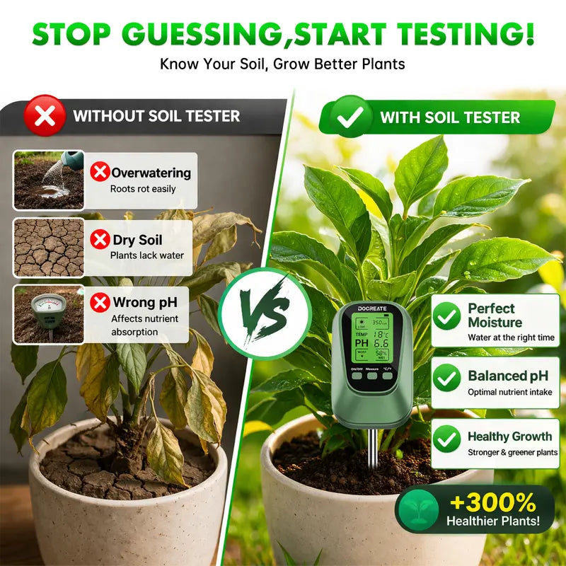 4-in-1 Soil Moisture-PH Tester - Sunlight & Temperature Monitor, No-Setup Easy-to-Use Garden Soil Test Kit for Indoor Plants, Supports Consistent Care, Prevents Growth Issues