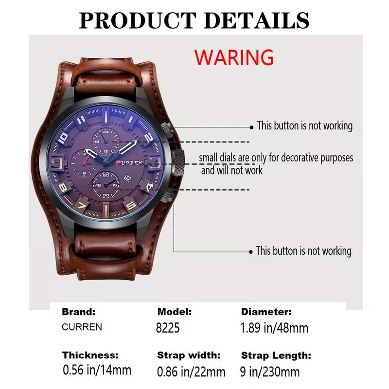 CURREN Men's Leather Strap Sports Watch - Date Display, Large Dial, Outdoor Casual Wristwatch