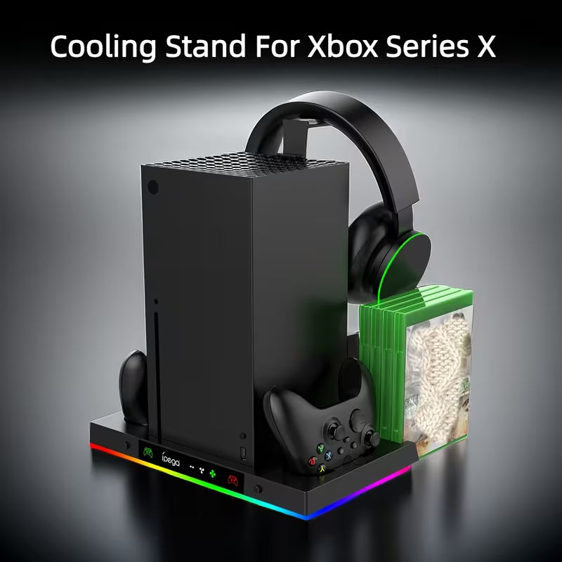 Xbox Series X Cooling Stand – Controller Charging Dock, Headphone Hook, RGB Lighting & Dual Fans