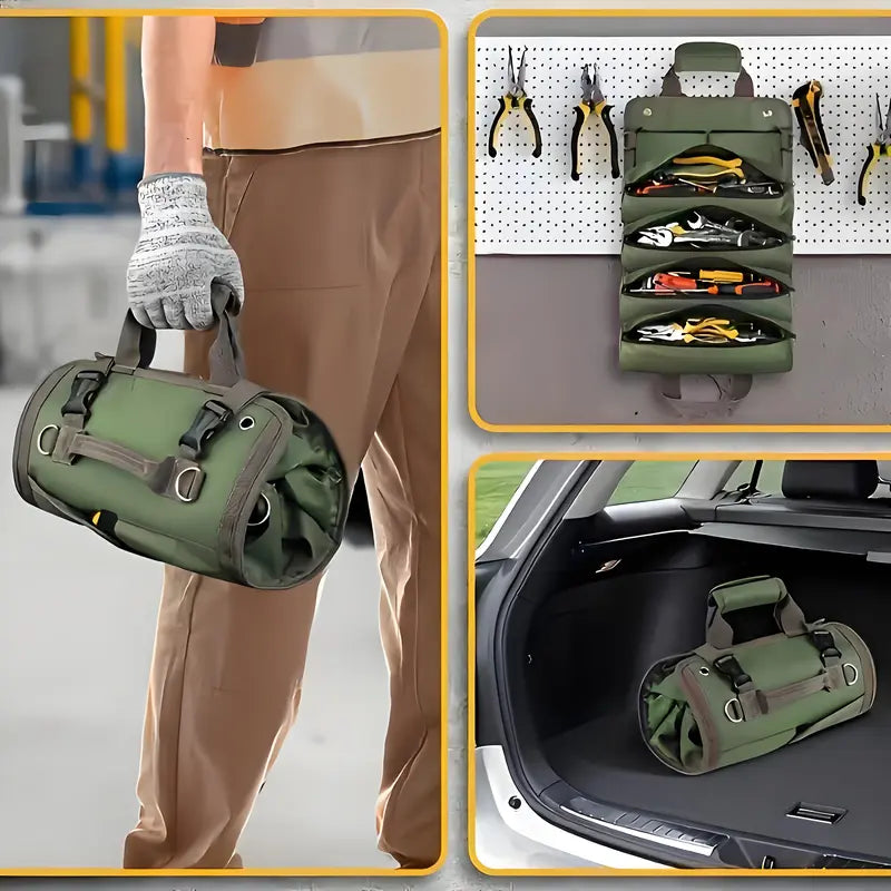 Portable Tool Roll Bag for Electricians & Mechanics – 4 Compartments, 2 Detachable Tool Bags – Heavy Duty Carpenter Tool Belt – Green Practical Organization