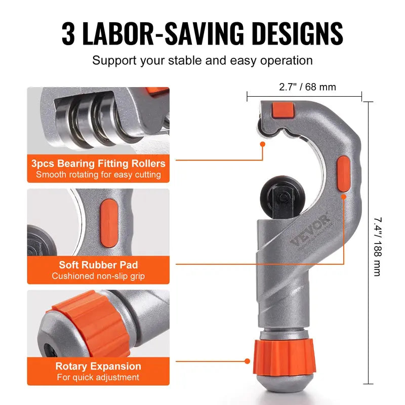 VEVOR 3-Piece Tubing Cutter Set - Heavy Duty Pipe Cutter 3/16"-2" OD, Mini Cutter 1/8"-7/8", Deburring Tool for Stainless Steel, Copper, Aluminum and Plastic
