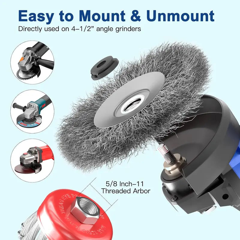 7-Piece Carbon Steel Wire Wheel Brush Set - 3"-4" Knotted and Crimped Cup Brushes, M14 Threaded Arbor for Angle Grinders