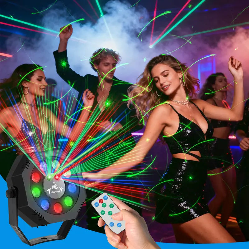 DJ Laser Party Projector - Adjustable RGB Lighting, 9 LED Strobes, Sound Sync and Remote Control for Bar, Stage and Dance Events
