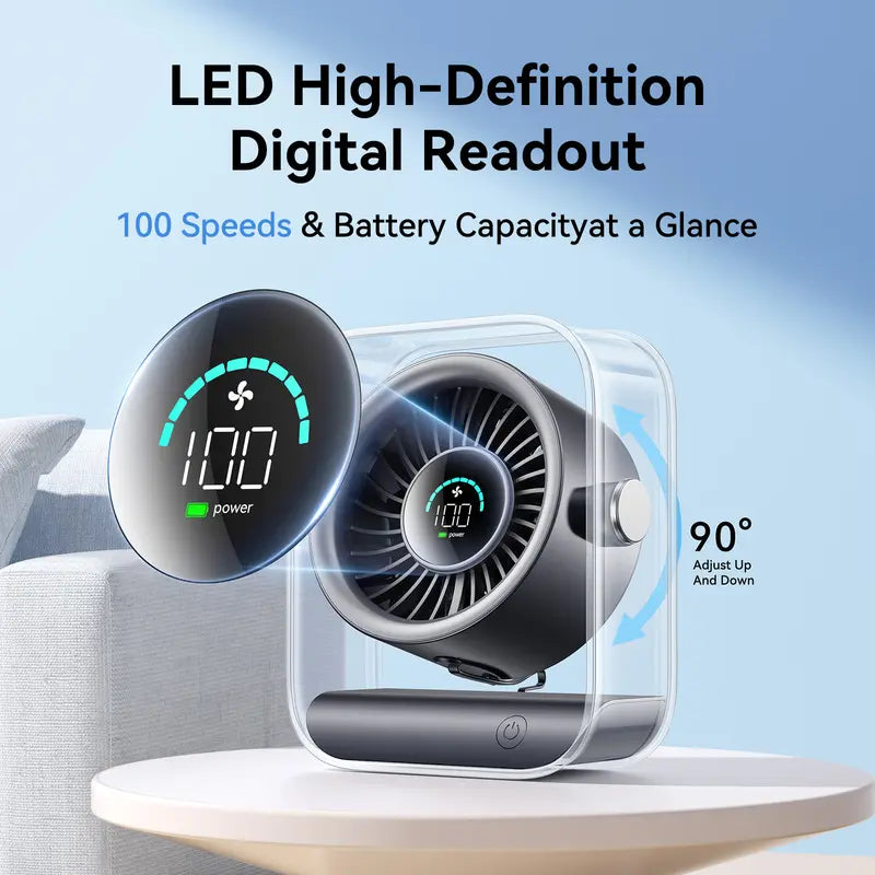 Rechargeable USB Desk Fan – Quiet Table Fan with Turbo Airflow, 100-Speed Adjustment, Digital Display, 90° Rotating Head, Compact Battery-Powered, for Bedroom, Office & Travel (Black)