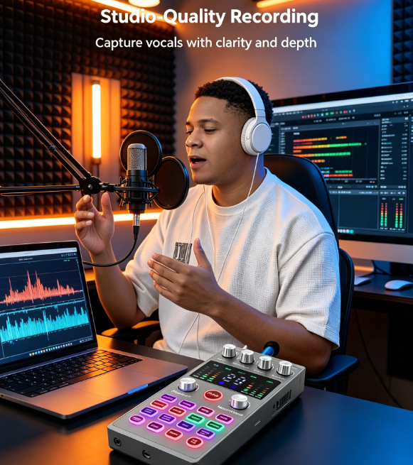 AT11 External USB Sound Card Kit - Live Streaming and Karaoke Set with Noise Reduction and Voice Effects for PC