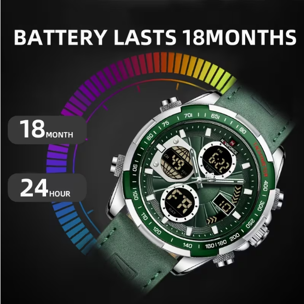 Men's Multifunctional Dual Display Sports Watch – Green, Luminous, Casual Fashion Style with Comfortable Strap