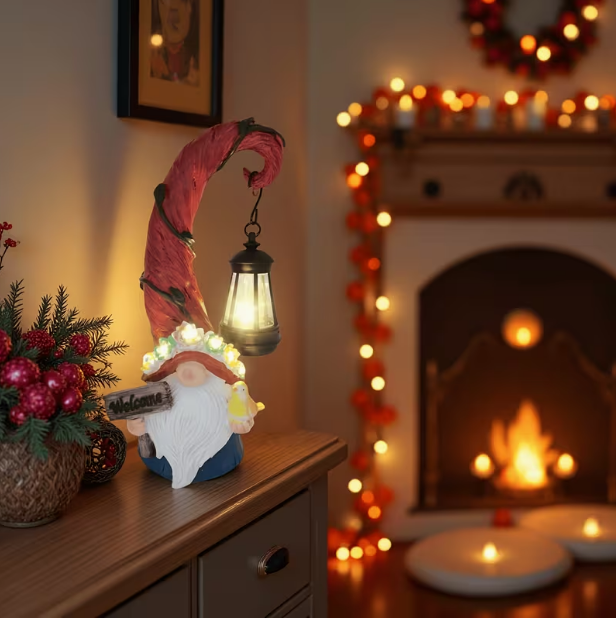 Indoor/Outdoor Solar-Powered LED Gnome Statue with Lantern – Resin Figurine, IP44, for Patio, Porch & Garden Decoration
