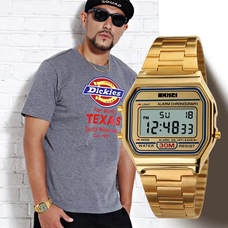 Men's Digital Outdoor Sport Watch – Gold Stainless Steel, Backlit Display, Multifunction, Stopwatch, Waterproof