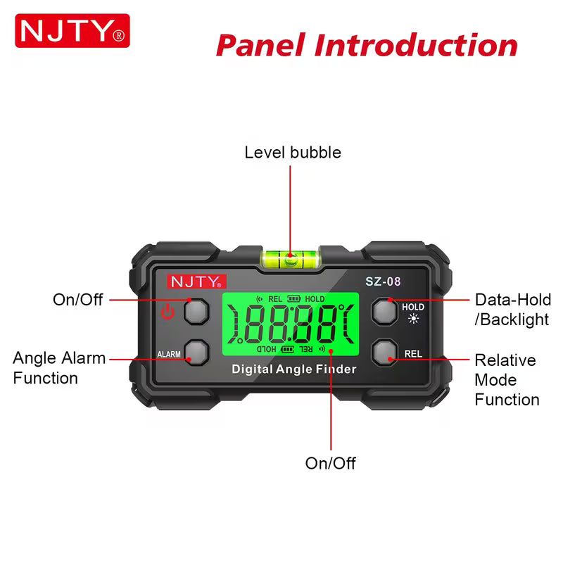 NJTY Digital Inclinometer SZ-08 – High Precision Electronic Level, Backlit, Dual-Sided Magnetic, Angle Alarm