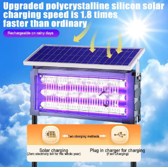 30W Solar Mosquito Killer Lamp Outdoor Waterproof, 3 Tubes UV Insect Zapper, Dual Solar & USB Rechargeable Battery Powered Bug Zapper for Garden, Yard, Farm, Patio
