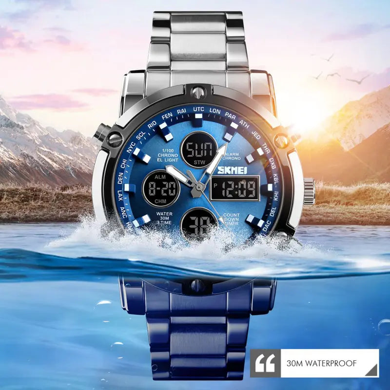 Men's 48mm Round Face Alloy Digital Watch – 30M Waterproof, Stainless Steel Strap, 3 Time Zones, Nightlight, Timer, Calendar, Alarm – Multifunctional Wristwatch