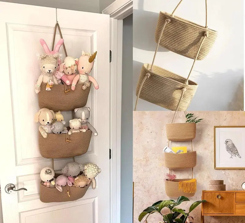 Handmade Woven Cotton 3-Tier Over-the-Door Basket – Wall-Mounted Jute Storage Organizer, Decorative Nursery Baskets for Diapers & Toys