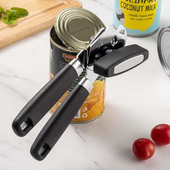 Black Stainless Steel Can Opener, Smooth Edge Manual Can & Bottle Opener with Soft Non-Slip Handle, Rust Proof Oversized Turn Knob, Multifunctional Kitchen Tool