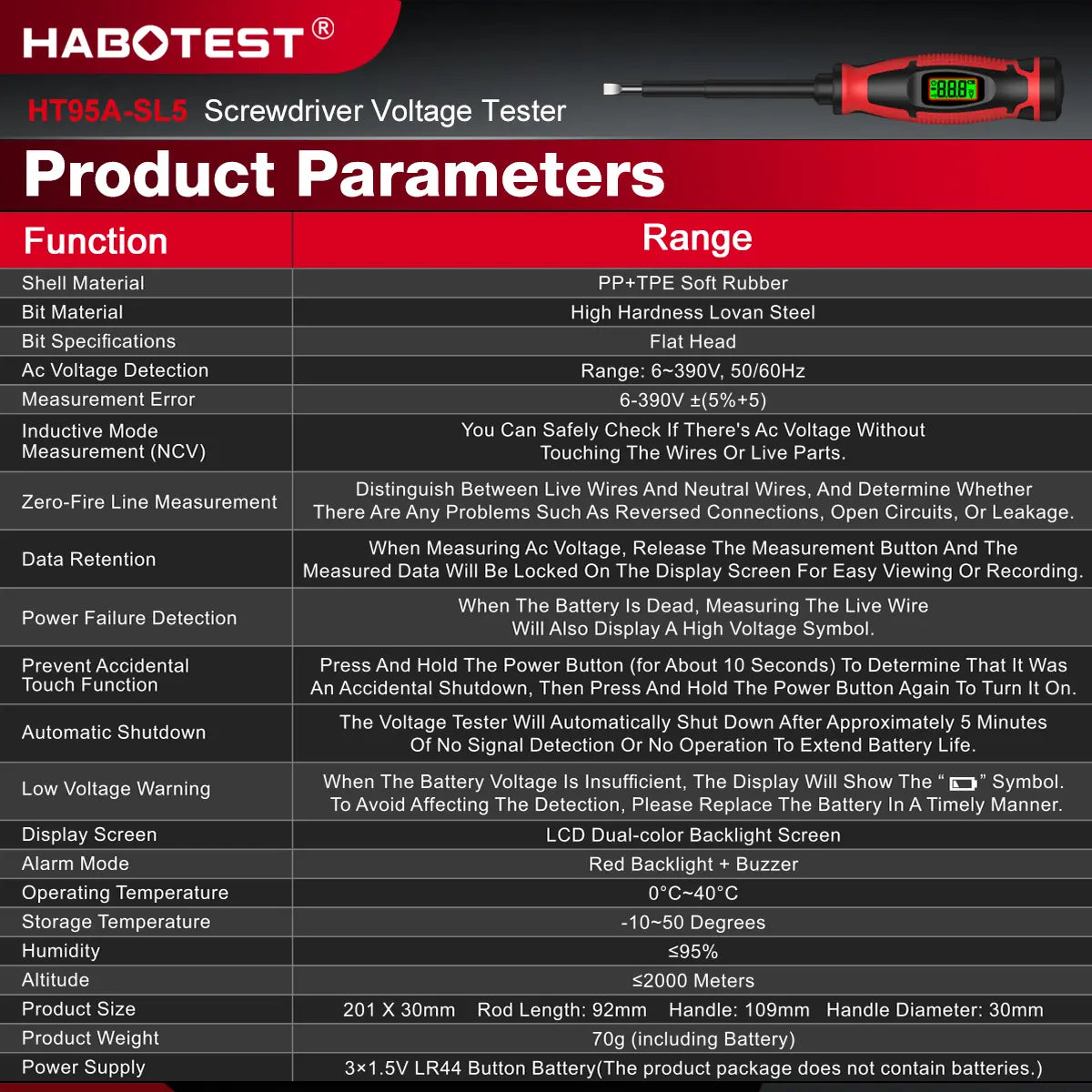 HABOTEST HT95A-SL5 Voltage Tester Screwdriver - 2-in-1, 6V-390V AC, NCV, LCD Screen