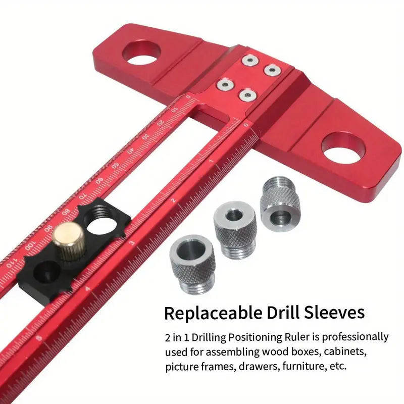 2-in-1 Woodworking Drilling & Positioning Scriber Ruler – Aluminum Alloy Marking T-Square, Multifunctional Dowelling Jig with 6/8/10mm Drill Sleeves, Measuring Tool