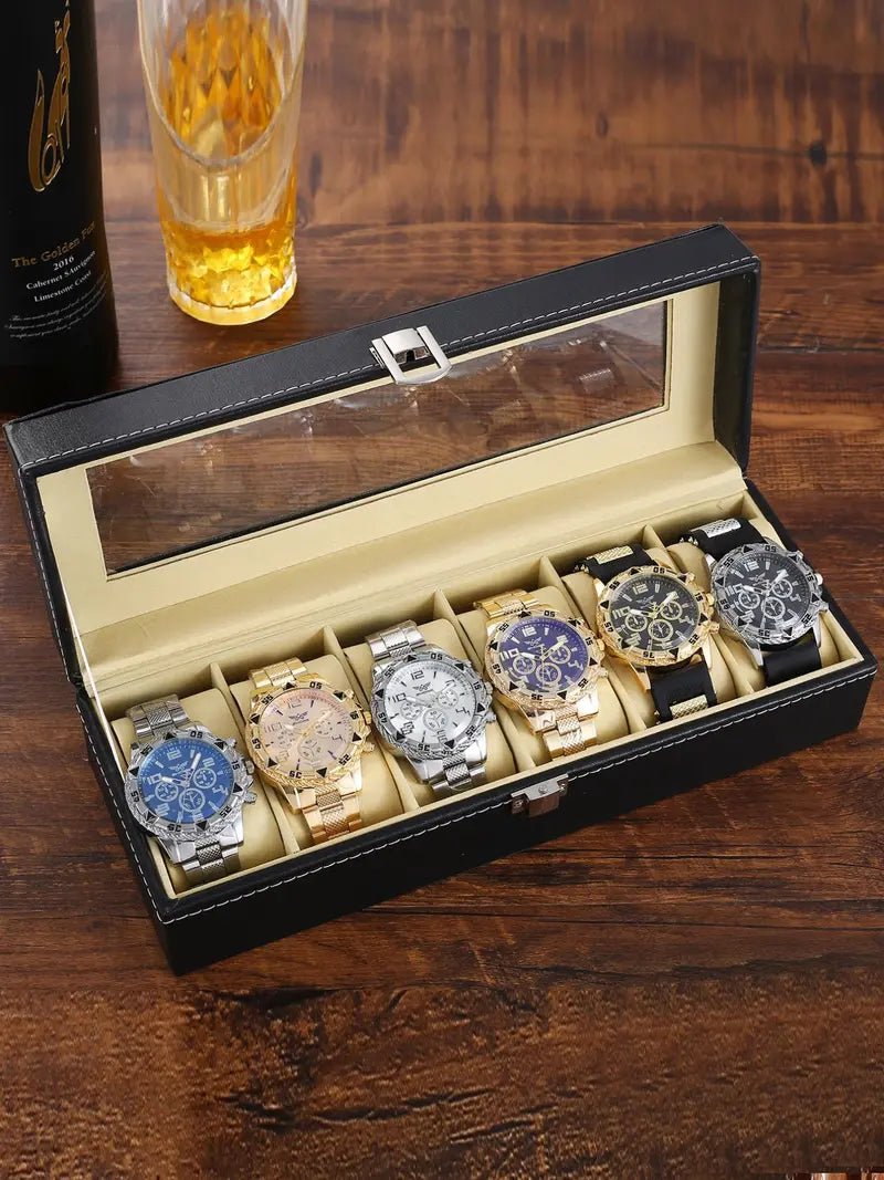 6-Piece Men's Business Round Dial Analog Quartz Watch Set with Box - Fashionable Wristwatch Gift Set for Men, Casual and Formal Wear