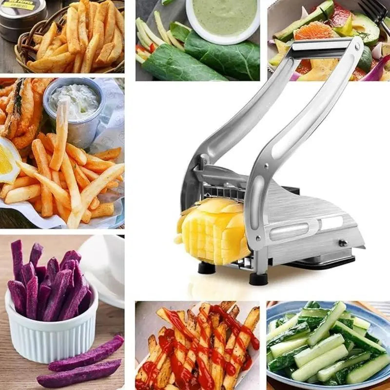 French Fry Cutter with 2 Blades – Professional Stainless Steel, Vegetable & Potato Slicer, Ideal for Air Fryer & Kitchen Use (Silver)
