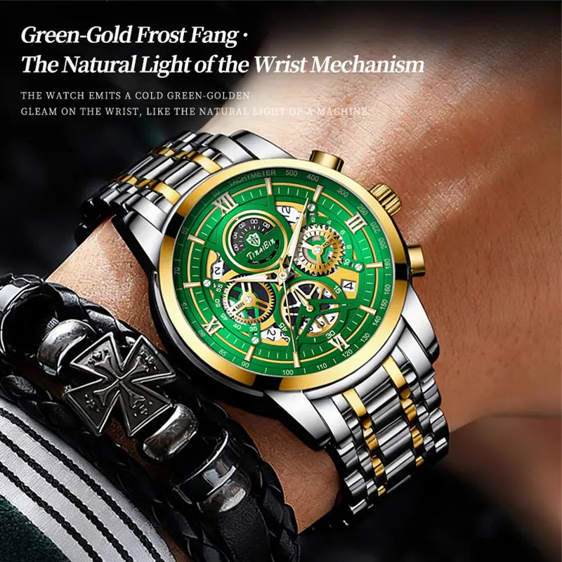 Multifunctional Luxury Men's Watch – Swiss Movement, Dual Calendar, Mechanical Style, Sapphire Crystal, Stainless Steel Strap, Luminous Waterproof Design