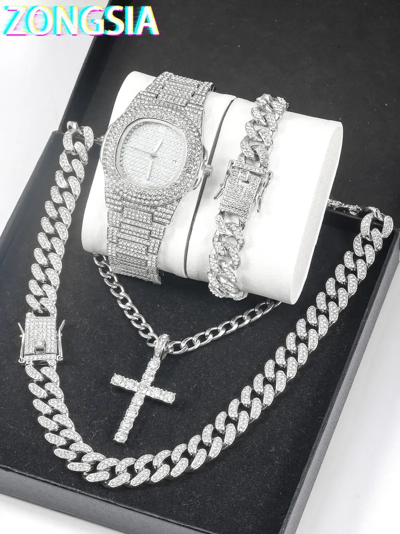 Men's Fashion Jewelry Set with Box - Rhinestone Watch, Cross Pendant Necklace and Cuban Chain Bracelet