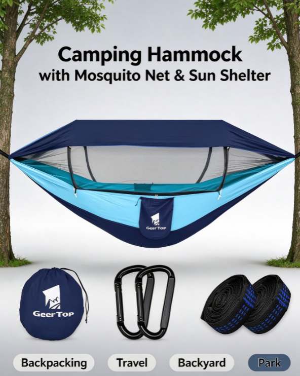 GEERTOP 3-in-1 Camping Hammock – with Mosquito Net & Sun Shelter, Double for Backpacking & Travel