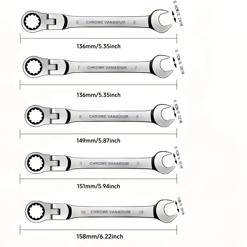 5-Piece Double-Ended Adjustable Ratchet Wrench Set - Metric 6-10mm, 72 Teeth, CR-V Steel with Storage Bag for Home, Car and Machinery