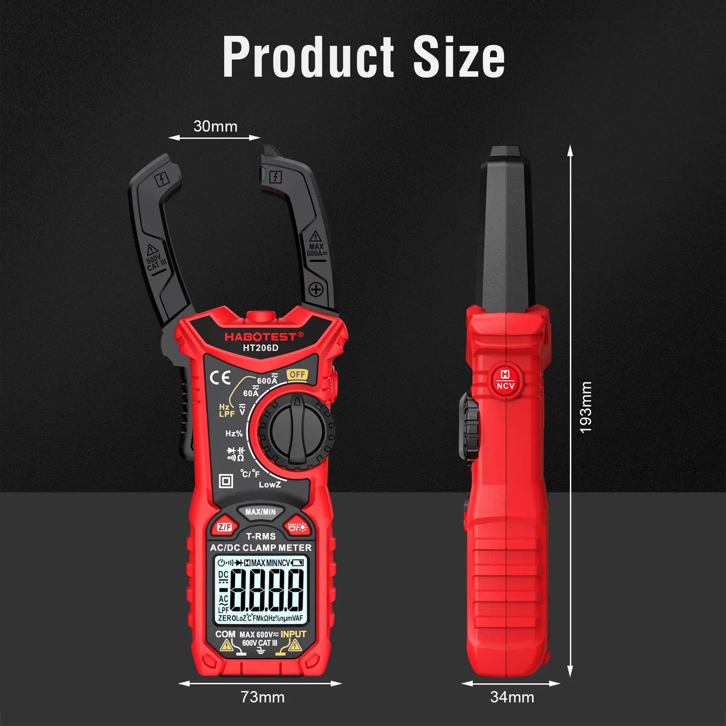 HABOTEST HT206D Digital Clamp Meter - 600A AC/DC Current, Two-Color Backlight, NCV Voltmeter Ammeter